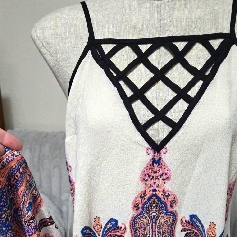 Venus Scarf Dress Sz Small with Black Lattice Detail